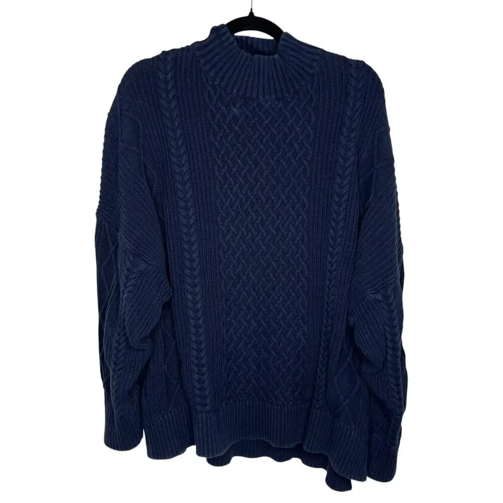 J. Crew Womens Sweater 2X Plus Navy Long Cotton Cable Knit Mockneck Heavyweight